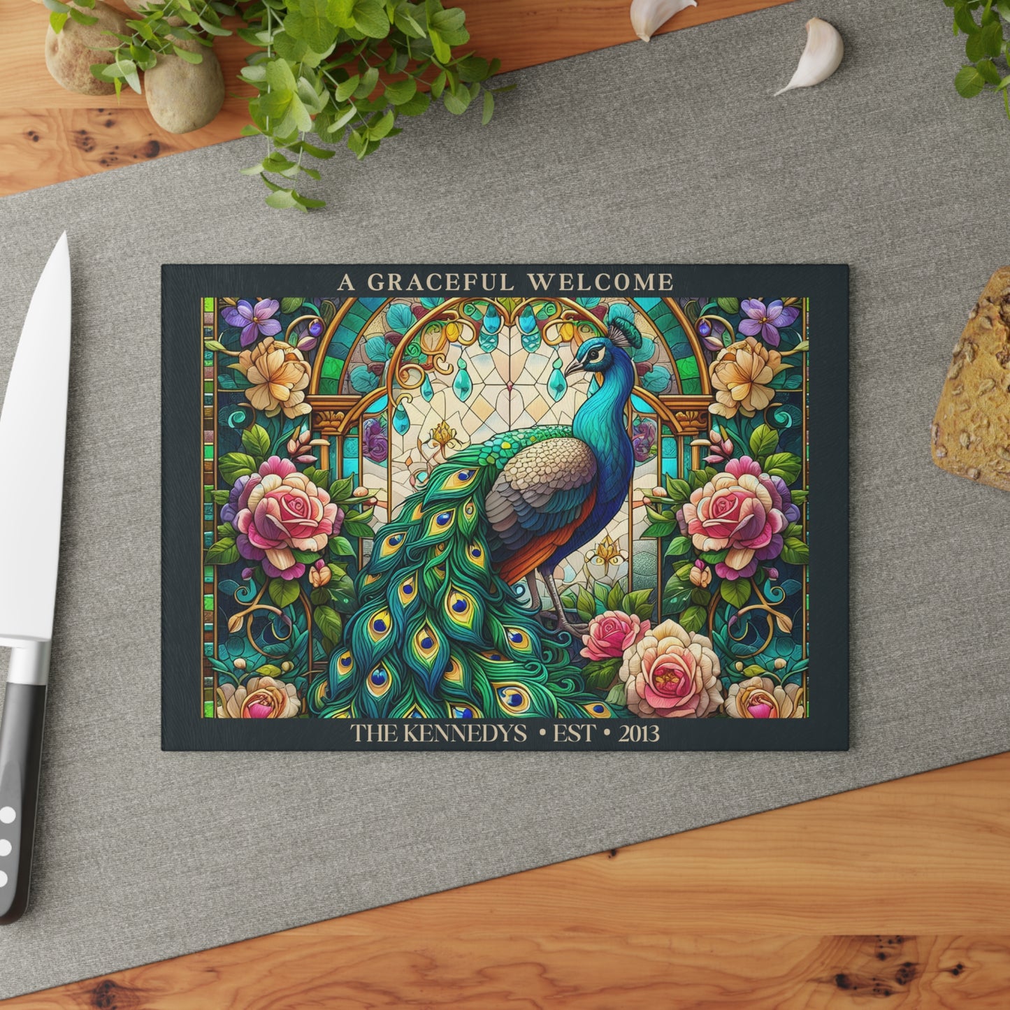 A Graceful Welcome Personalized Glass Cutting Board