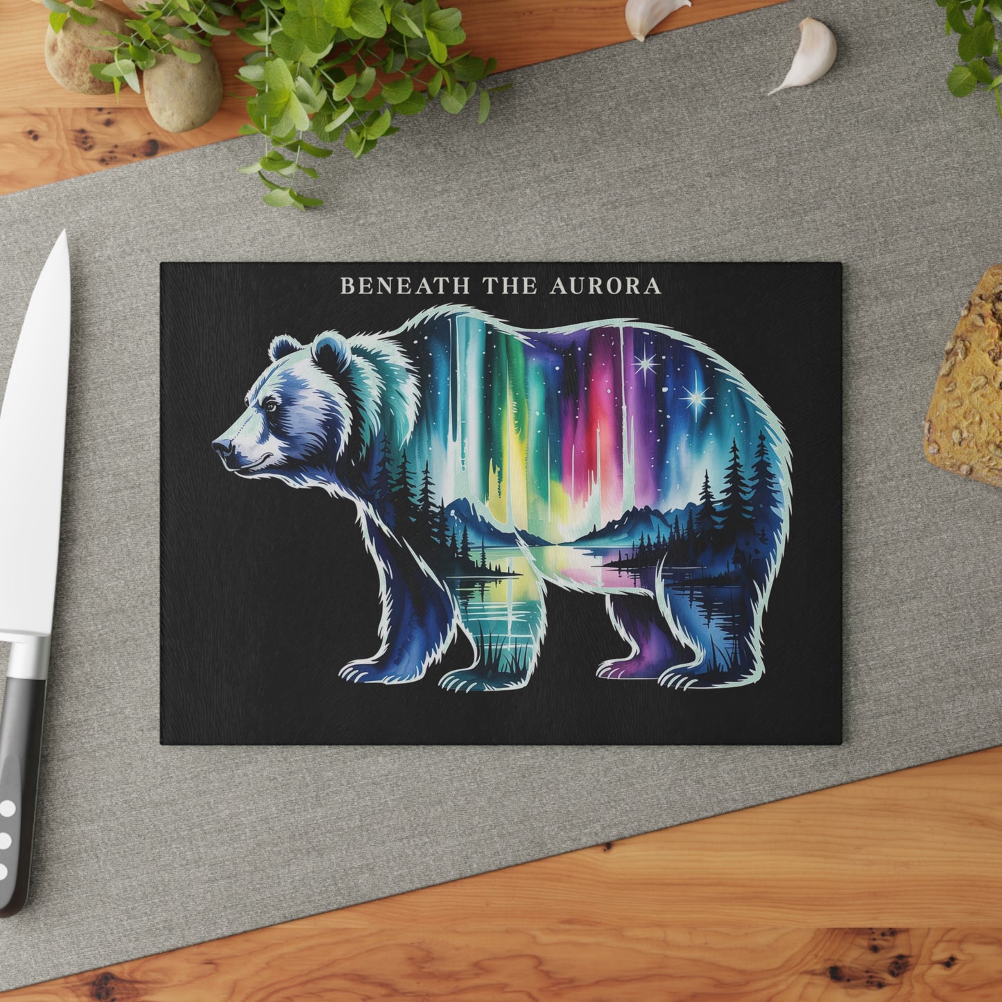 Beneath the Aurora Bear Glass Cutting Board