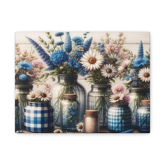 Blue Mason Jar Floral Canvas Wall Art