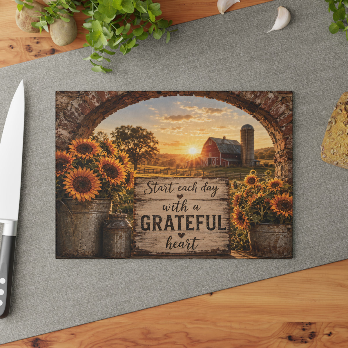 Grateful Heart Sunflower Farm Glass Cutting Board