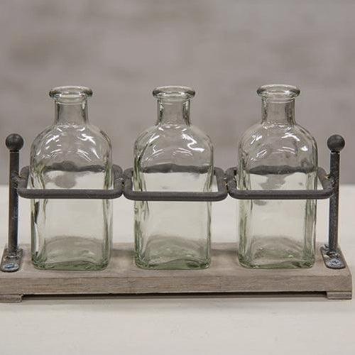 Wood & Iron Bottle Holder with 3 Glass Bottles