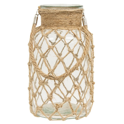 Large Glass Vase with Natural Rope Net Wrap and Handle