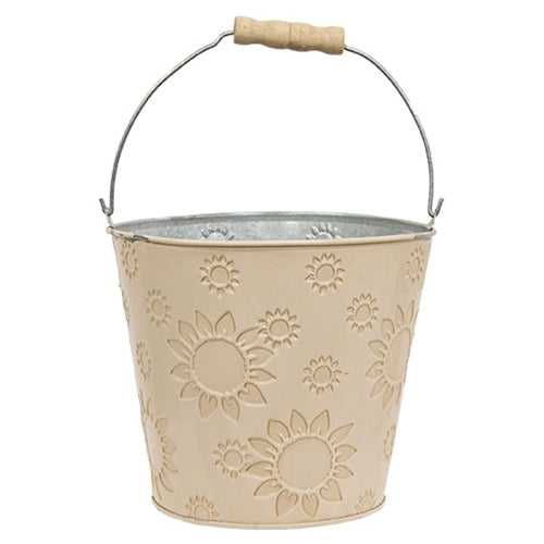 Ivory Sunflower Embossed Metal Bucket with Wood Handle