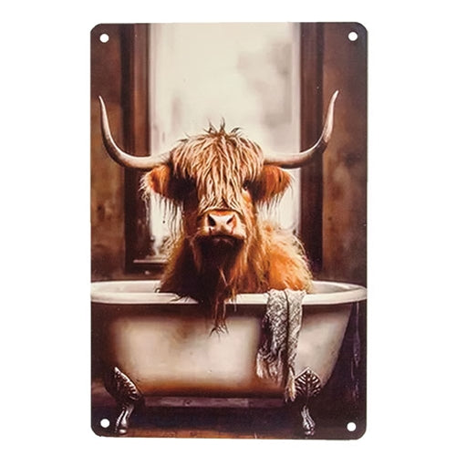Highland Cow in Clawfoot Tub Tin Wall Sign
