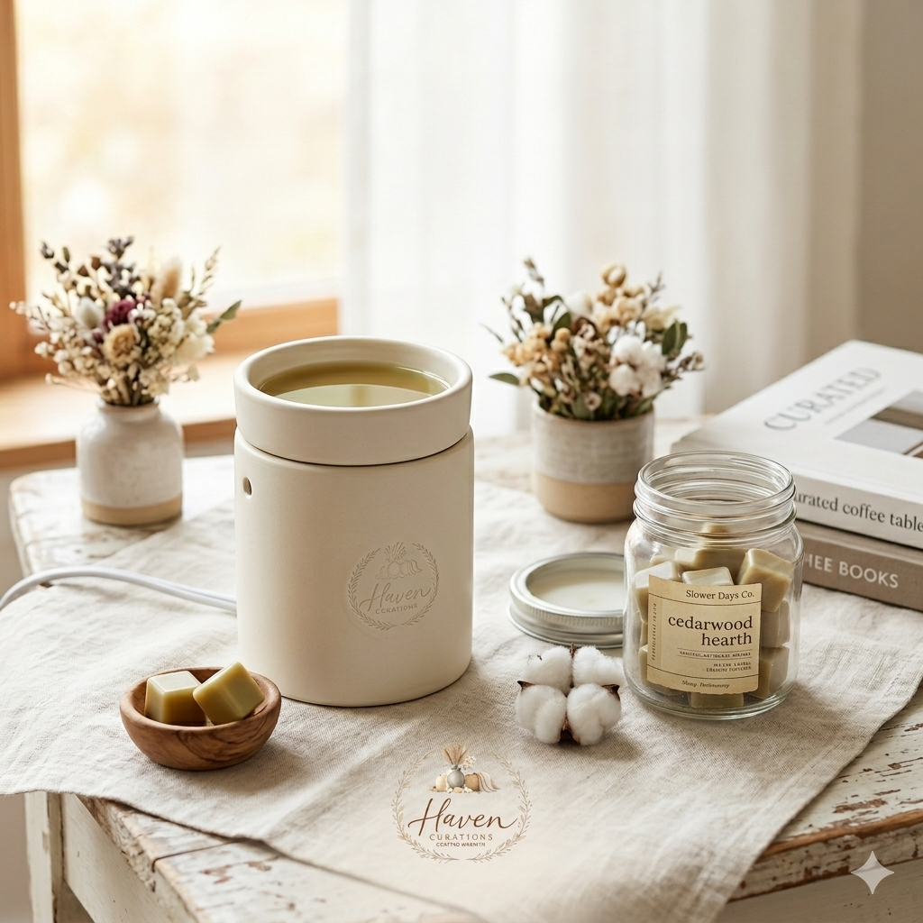 Haven Curations wax warmer styled with cedarwood hearth wax melts, dried florals, and cotton stems on a linen-draped table