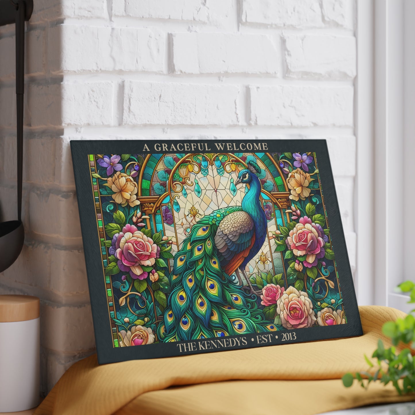 A Graceful Welcome Personalized Glass Cutting Board