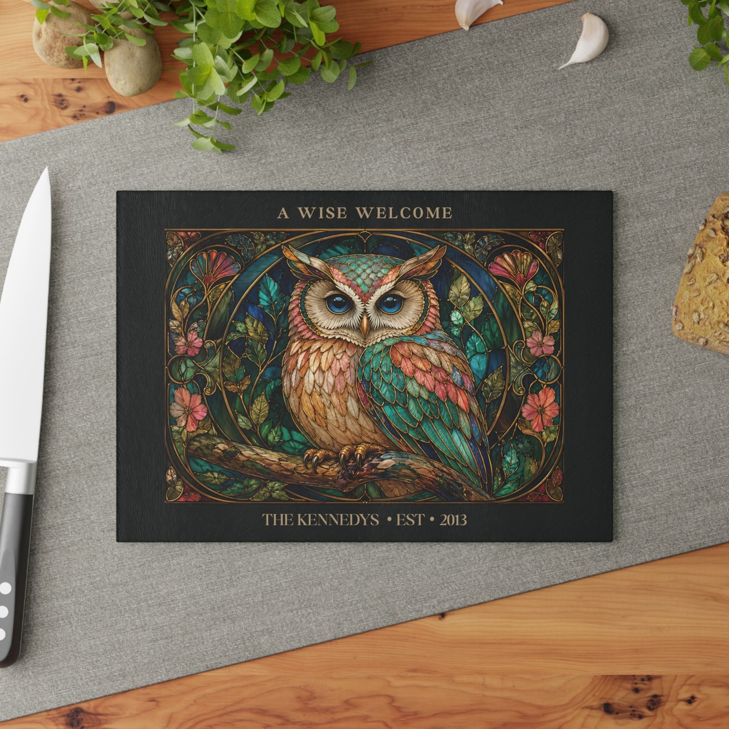 A Wise Welcome Personalized Glass Cutting Board