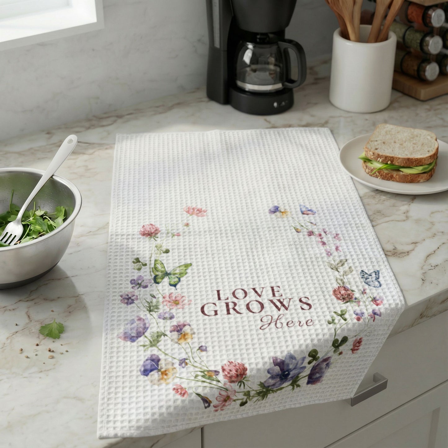 Love Grows Here Waffle Weave Kitchen Towel