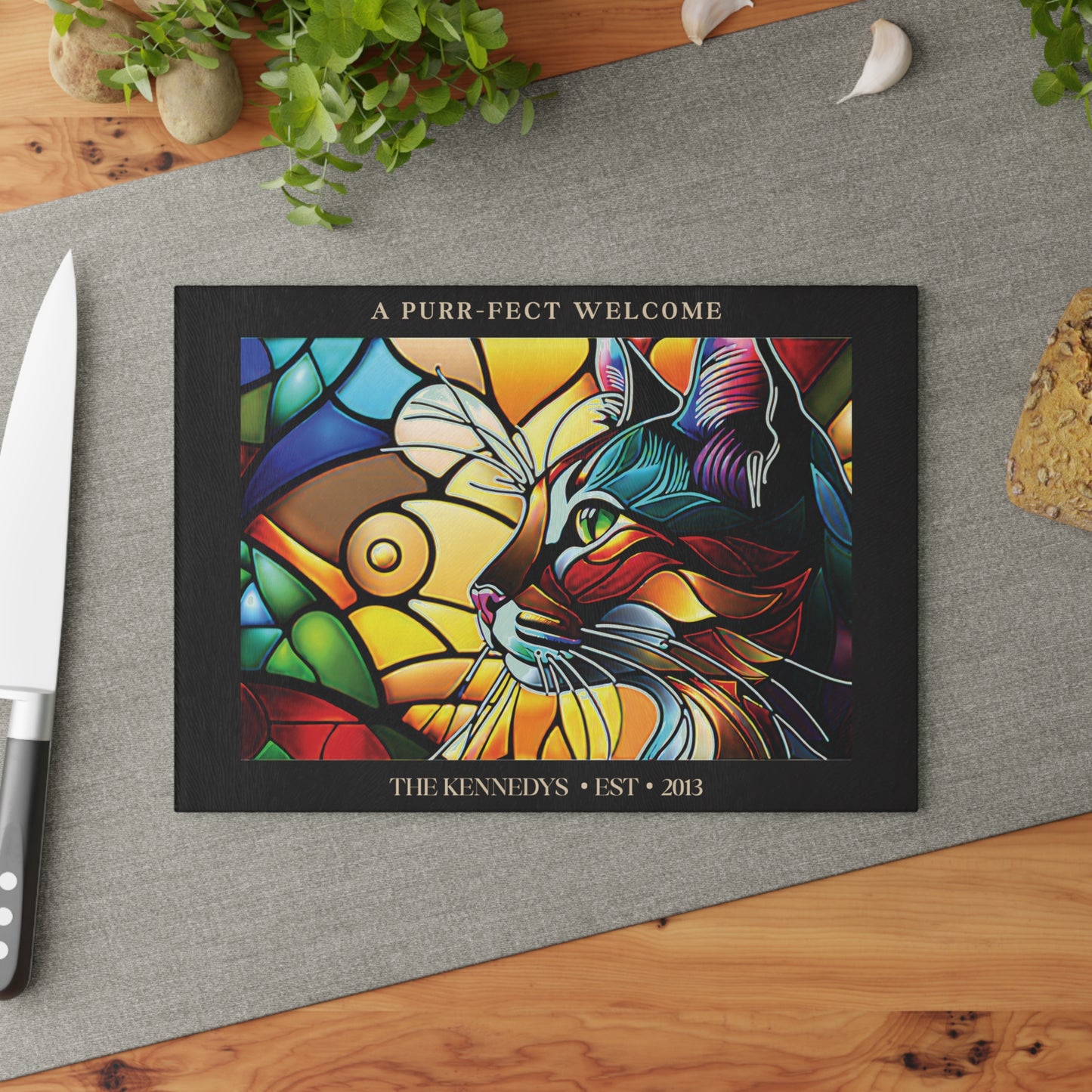 A Purr-fect Welcome Personalized Glass Cutting Board