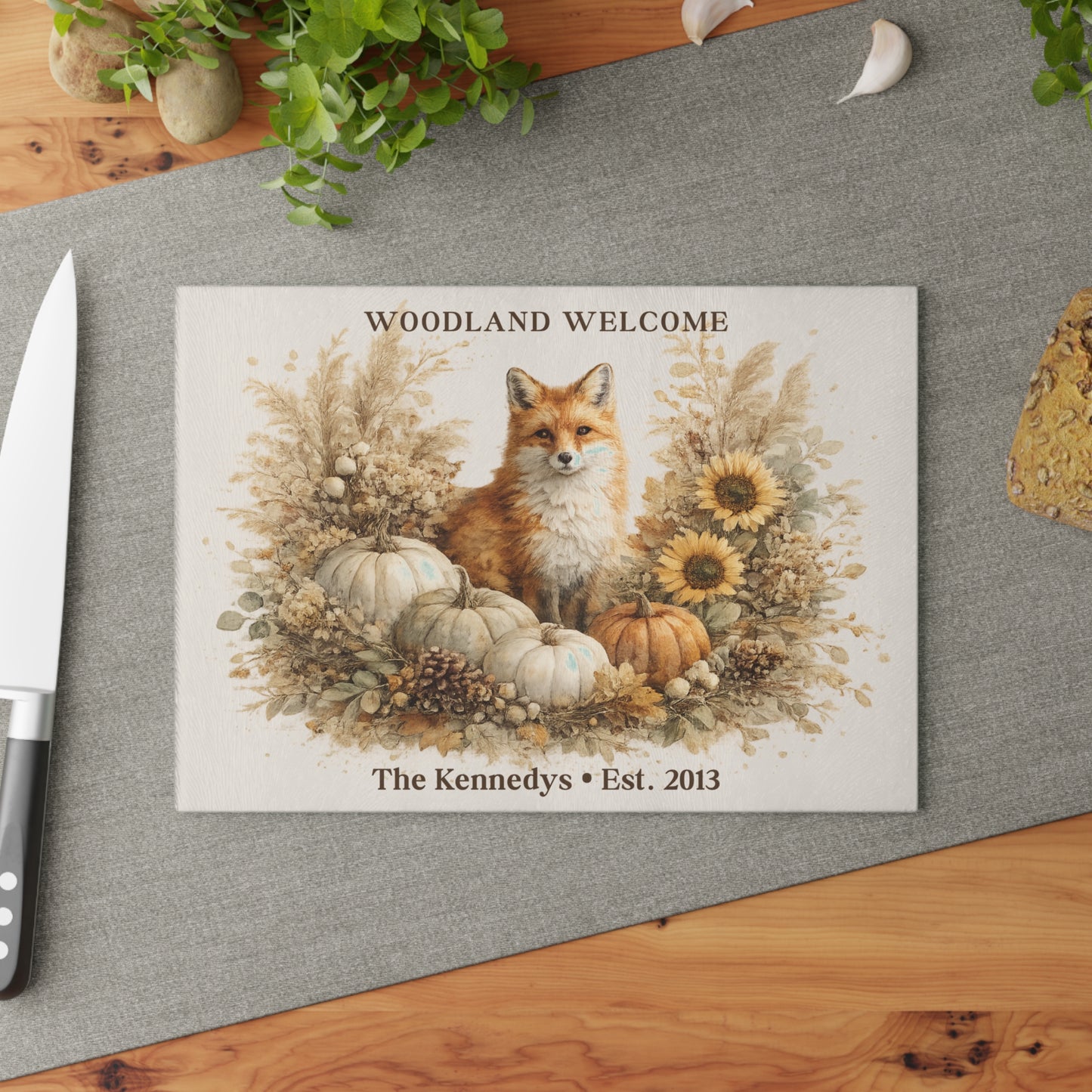 Woodland Welcome Personalized Glass Cutting Board