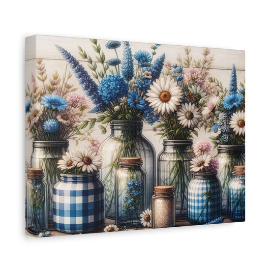 Blue Mason Jar Floral Canvas Wall Art
