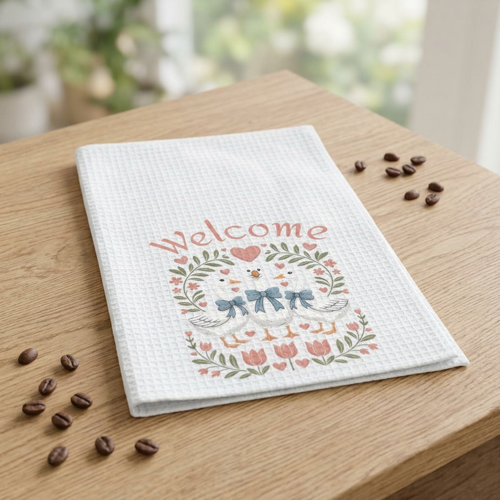 Welcome Friends Geese Waffle Weave Kitchen Towel