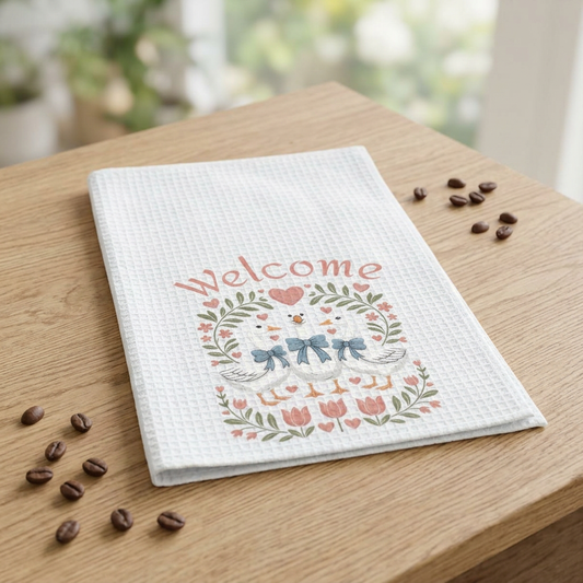 Welcome Friends Geese Waffle Weave Kitchen Towel