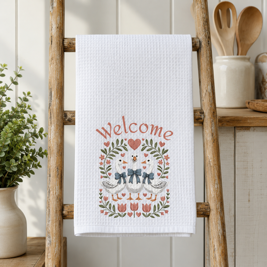 Welcome Friends Geese Waffle Weave Kitchen Towel