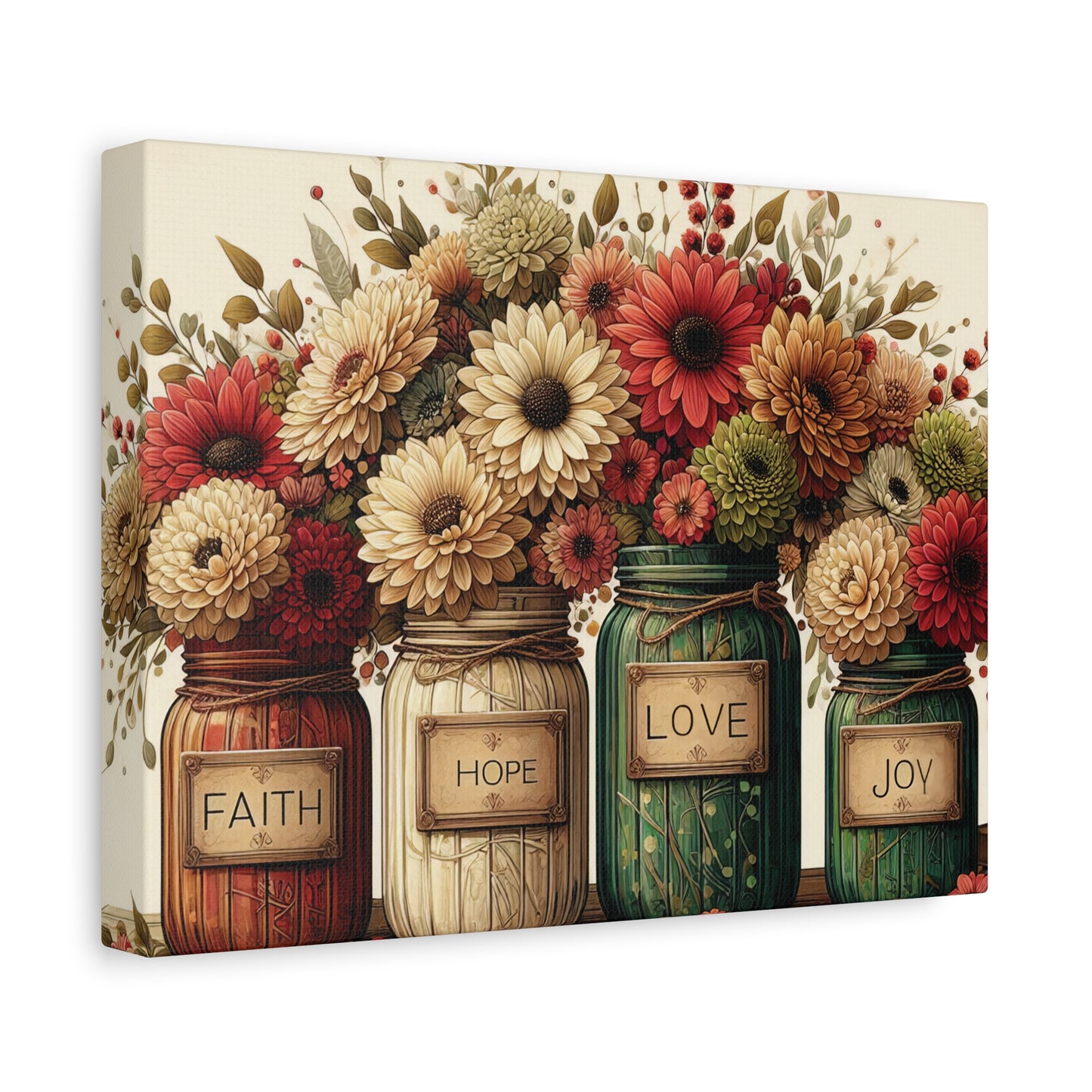 Faith Hope Love Joy Mason Jar Floral Canvas Wall Art