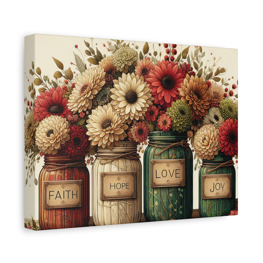 Faith Hope Love Joy Mason Jar Floral Canvas Wall Art