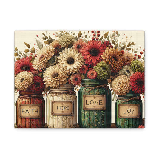 Faith Hope Love Joy Mason Jar Floral Canvas Wall Art