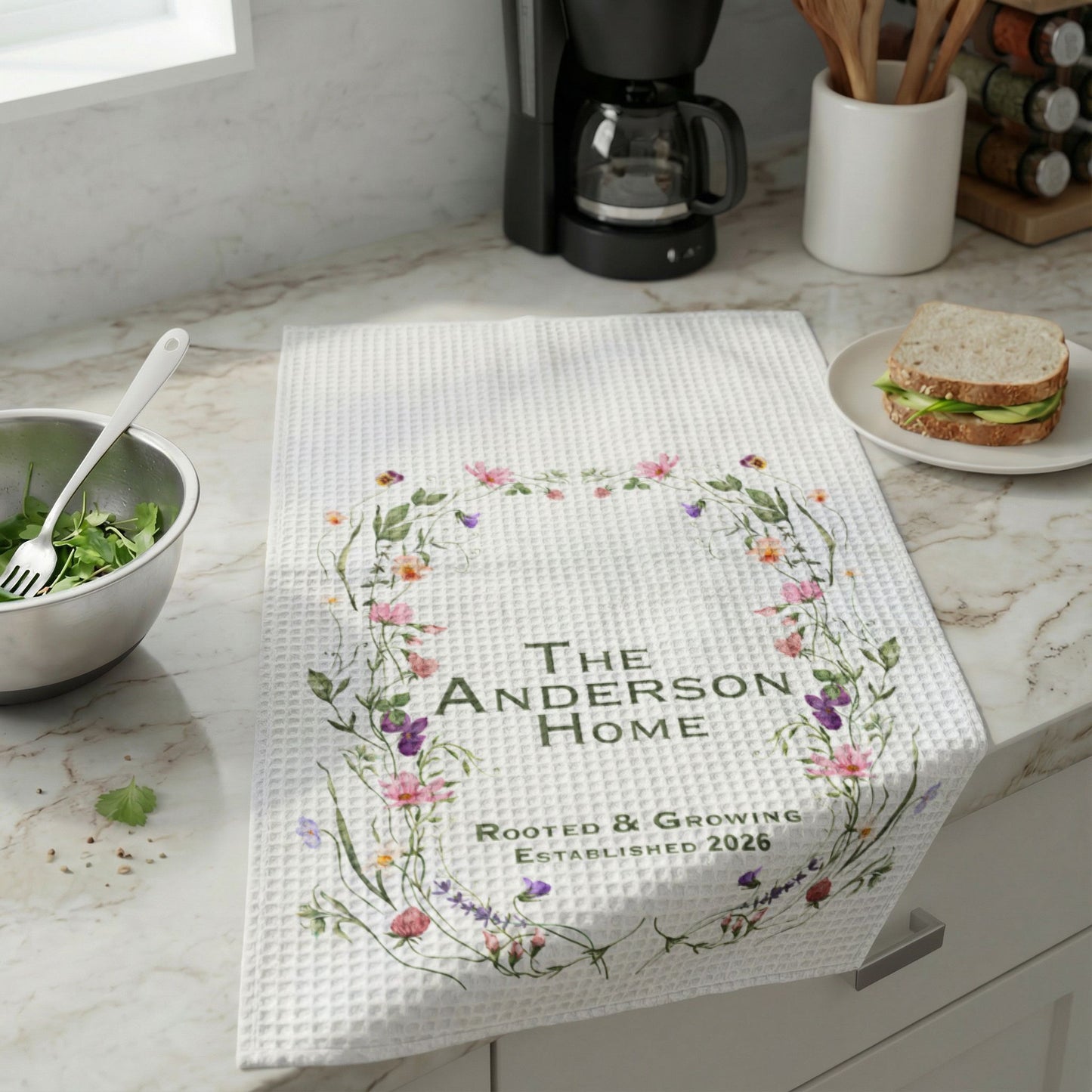 Personalized Waffle Weave Family Name Kitchen Towel