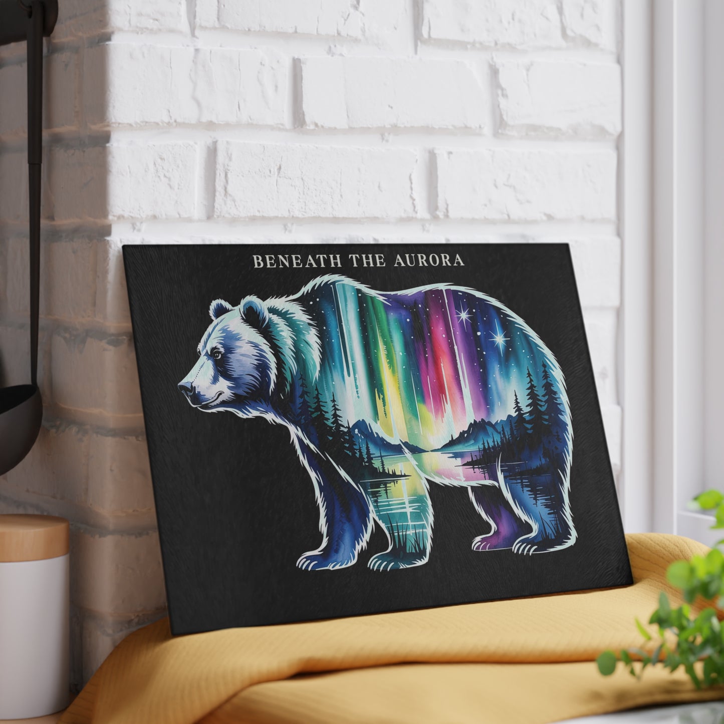 Beneath the Aurora Bear Glass Cutting Board