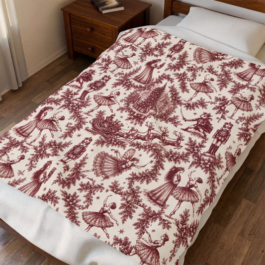 Cranberry Nutcracker Toile Velveteen Blanket