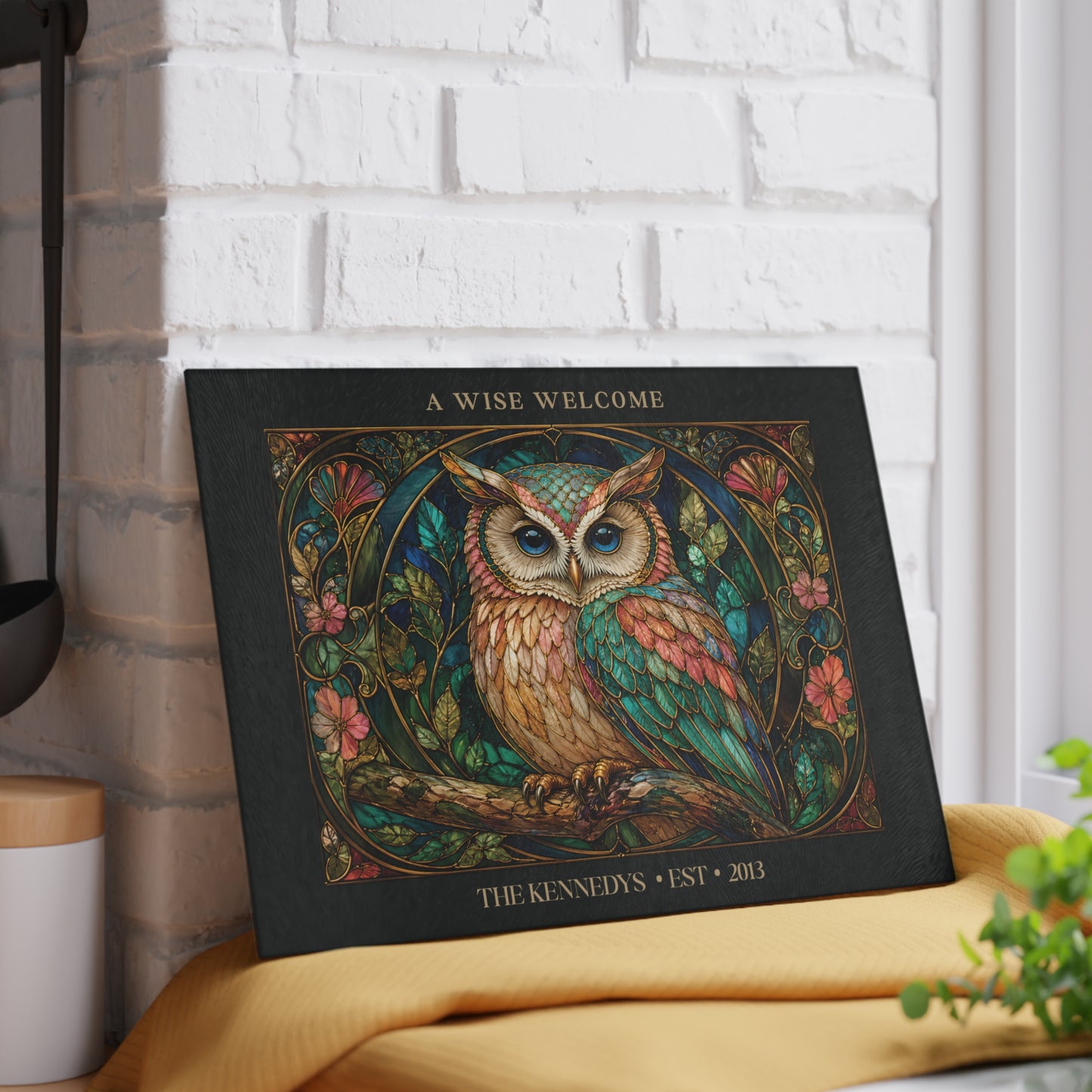 A Wise Welcome Personalized Glass Cutting Board