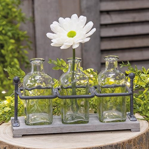Wood & Iron Bottle Holder with 3 Glass Bottles