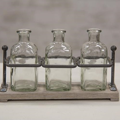 Wood & Iron Bottle Holder with 3 Glass Bottles