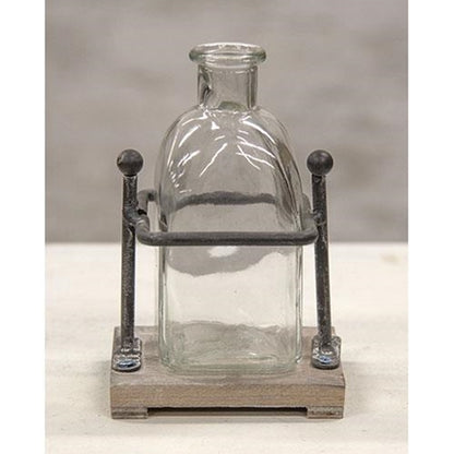 Wood & Iron Bottle Holder with Glass Bottle