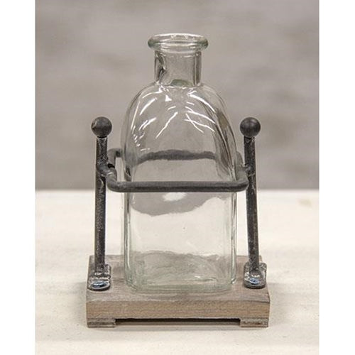 Wood & Iron Bottle Holder with Glass Bottle