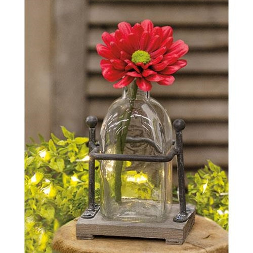 Wood & Iron Bottle Holder with Glass Bottle