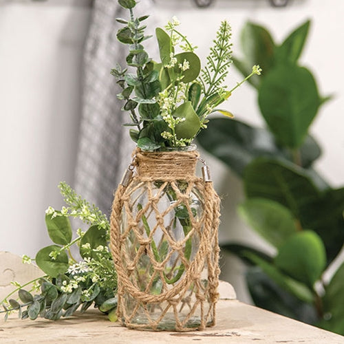 Glass Vase with Natural Rope Net Wrap and Handle