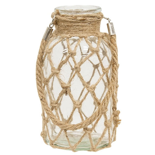 Glass Vase with Natural Rope Net Wrap and Handle