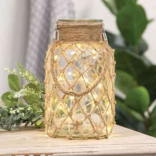 Large Glass Vase with Natural Rope Net Wrap and Handle