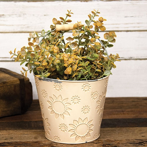 Ivory Sunflower Embossed Metal Bucket with Wood Handle