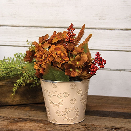 Ivory Sunflower Embossed Metal Bucket with Wood Handle