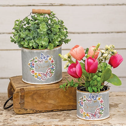 Butterfly Floral Distressed Metal Buckets | Set of 2