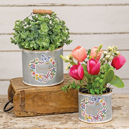 Butterfly Floral Distressed Metal Buckets | Set of 2