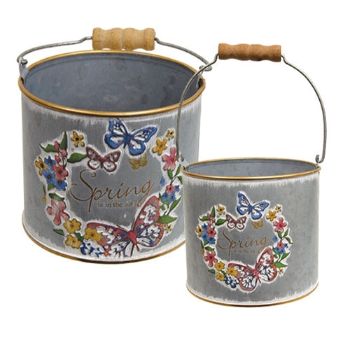 Butterfly Floral Distressed Metal Buckets | Set of 2