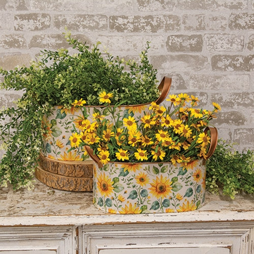 Oval Metal Sunflower Buckets | Set of 2