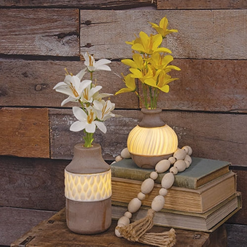 Lighted Ceramic & Wood Bottle Vase