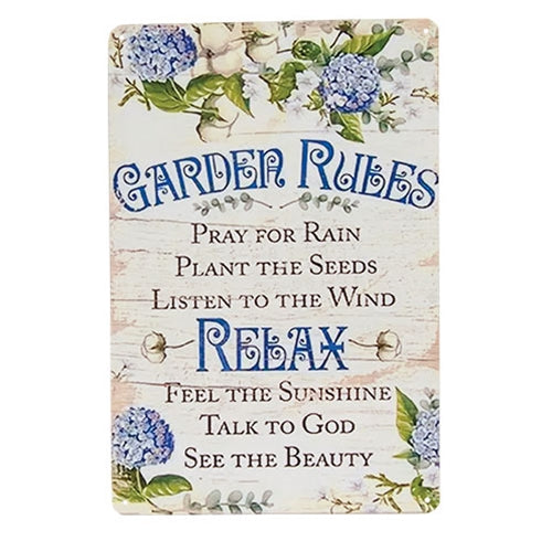 Blue Floral Garden Rules Tin Wall Sign