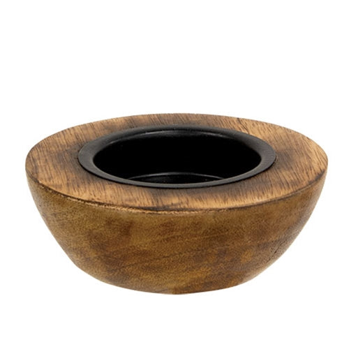Dark Wood & Metal Candle Holder 4"