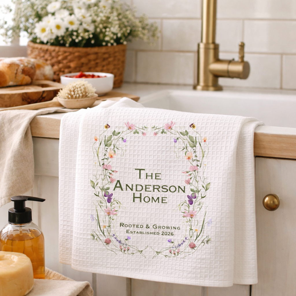 Personalized Waffle Weave Family Name Kitchen Towel