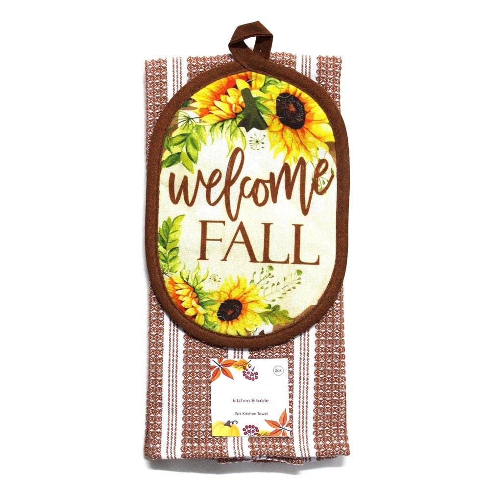 Welcome Fall Sunflower Kitchen Towel & Pot Holder Set