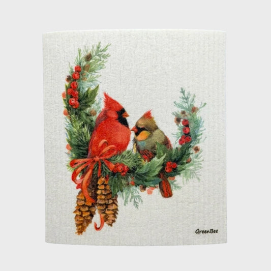 Christmas Cardinal Couple Swedish Dishcloth