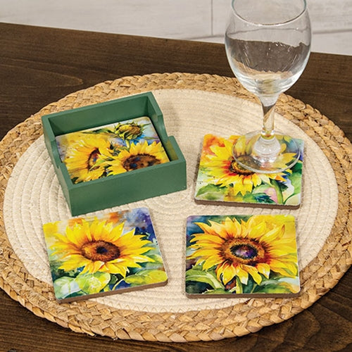 Watercolor Sunflower Coasters & Holder