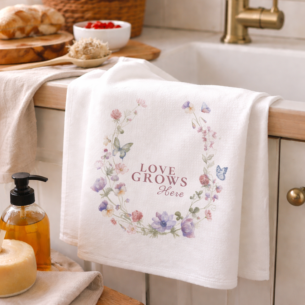 Love Grows Here Waffle Weave Kitchen Towel