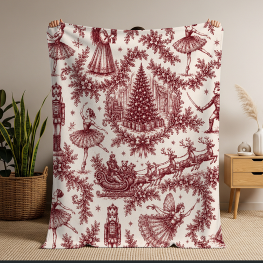 Cranberry Nutcracker Toile Velveteen Blanket