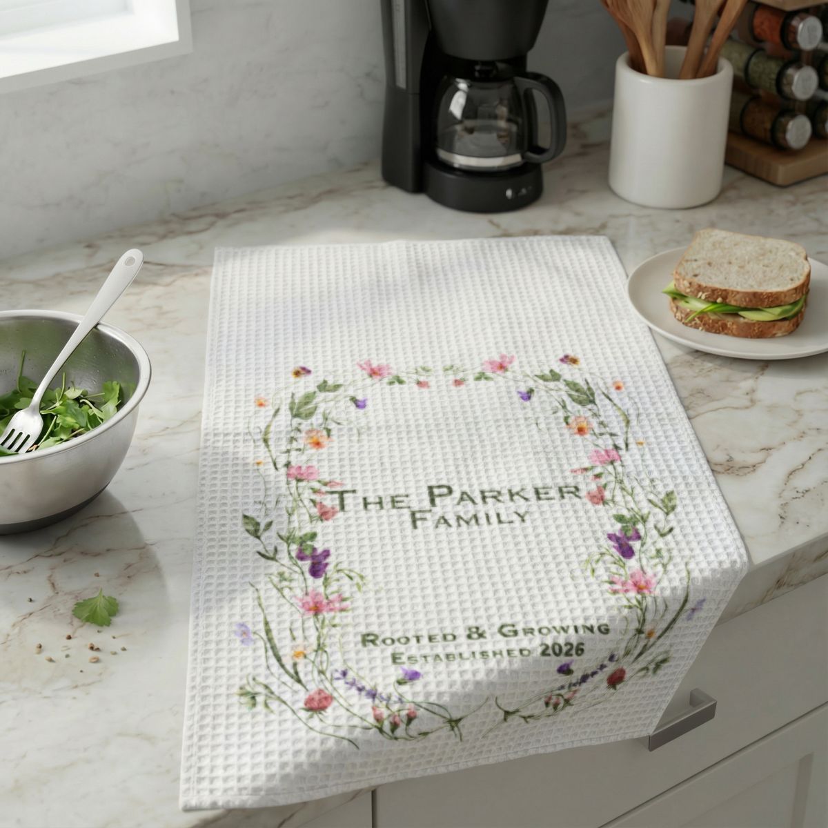 Personalized Waffle Weave Family Name Kitchen Towel