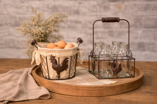 Rustic Rooster Kitchen Basket & Glass Bottle Set